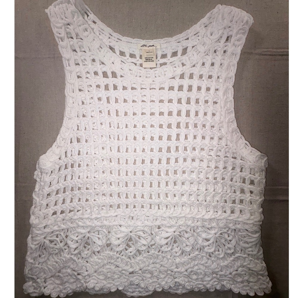 Ultra Pink, White Crochet Tank Top L Floral Scalloped Hem 100% Cotton Boho Tank